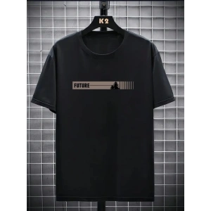 Baskılı Oversize Bisiklet Yaka Tshirt  iyah