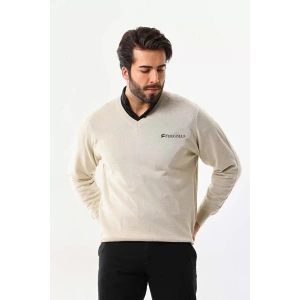 Baskılı V Yaka Uzun Kol Dokuma Triko  Bej