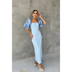 Bebe Mavi İşlemeli Kolu Garnili Elbise