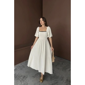 Bej Arkası Bağlamalı Keten Elbise