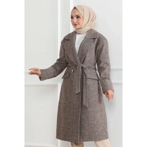 Beli Kuşaklı Yünlü Dokuma Kaşmir Kaban Vizon