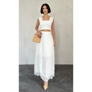 Beyaz Güpürlü Crop Ve Etek Takım