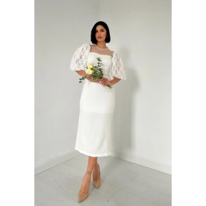 Beyaz İncili Tül Detay Elbise