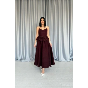Bordo Beli Büzgülü İnci Askılı Uzun Elbise