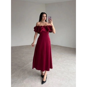Bordo Omuz Büzgülü aten Elbise