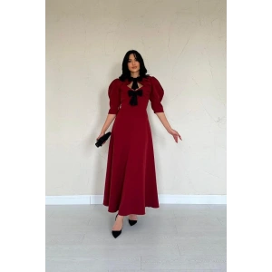 Bordo Ön Dekolteli Fiyonk Garnili Uzun Elbise