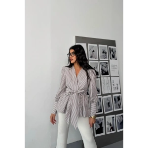 ÇİZGİLİ BAĞLAA DETAYLI KRUVAZE POPLİN GÖLEK  Kahverengi