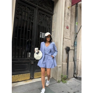 ÇİZGİİ KETEN CEKET YEEK ŞORT TK  Mavi