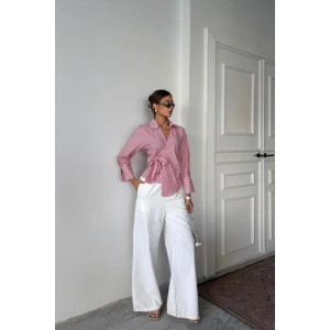 ÇİZGİLİ POPLİN KRUVAZE BAĞLAMALI GÖMLEK  Kırmızı