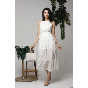 Ekru Halter Yakalı Kuşaklı Elbise