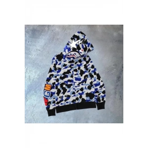 Erkek 3 İplik Bape Kapüşonu Fermuarlı Hırka  Gri