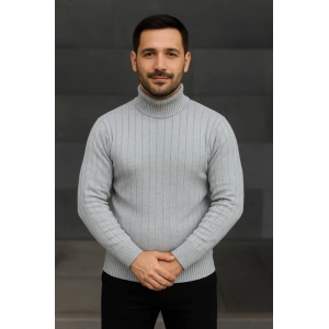 Erkek Balıkcı Yaka Bağazlı Triko Kazak Pamuklu Kalın Fitilli Dokuma, Regular Fit Uzun Kollu Kışlık odel  Gri