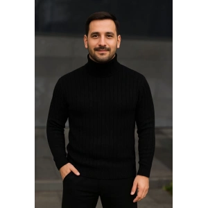 Erkek Balıkcı Yaka Bağazlı Triko Kazak Pamuklu Kalın Fitilli Dokuma, Regular Fit Uzun Kollu Kışlık odel  iyah