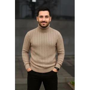 Erkek Balıkcı Yaka Bağazlı Triko Kazak Pamuklu Kalın Fitilli Dokuma, Regular Fit Uzun Kollu Kışlık odel  Bej