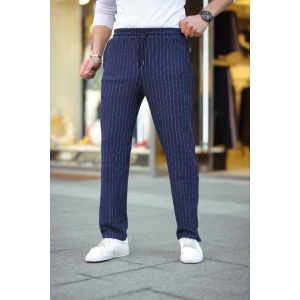 Erkek Cizgili Dokuma Krep Jogger Buggy Pantalon Rahat Kalıp  acivert