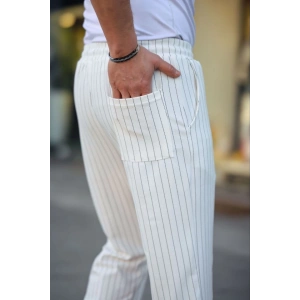 Erkek Cizgili Dokuma Krep Jogger Buggy Pantalon Rahat Kalıp  Beyaz