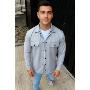 Erkek Diagonal Kumaş Cepli Çıtçıtlı Uzun Kollu, Gömlek Oversize Rahat Kalıp Günlük Şık til  Gri