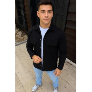 Erkek Diagonal Kumaş Cepli Çıtçıtlı Uzun Kollu, Gömlek Oversize Rahat Kalıp Günlük Şık til  iyah