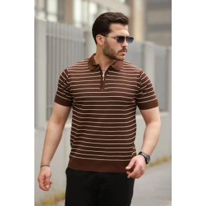 Erkek Fermuar Yakalı çizgili Kısa Kollu Tshirt