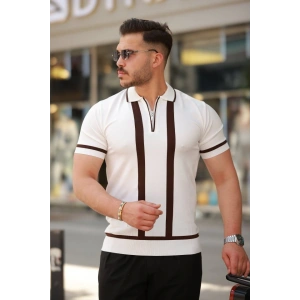 Erkek Fermuar Yakalı şerit Detaylı Kısa Kollu Tişört