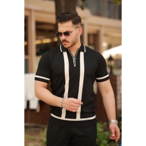 Erkek Fermuar Yakalı şerit Detaylı Kısa Kollu Tişört