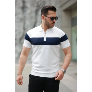 Erkek Fermuar Yakalı şerit Renk Desenli Kısa Kollu Tişört