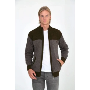 Erkek Fermuarlı Triko Hırka Yüksek Yaka, Cepli, Günlük Şık Rahat Kalıp Triko  Kahverengi