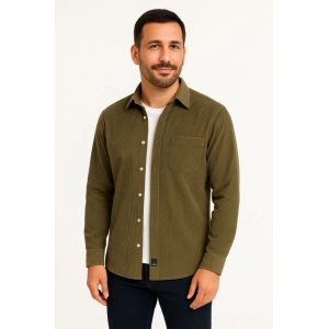 Erkek Fitilli Kadife Cepli Gömlek Oversize Rahat Kalıp  Haki