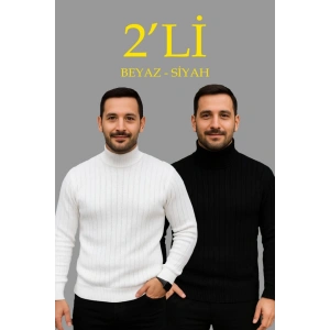 Erkek Fitilli Triko Kazak 2li et Beyaz iyah Regular Balıkcı Yaka Tam Boğazlı Triko eti odeli Kazak