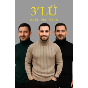 Erkek Fitilli Triko Kazak 3lÜ et Bej Haki iyah Regular Balıkcı Yaka Tam Boğazlı Triko eti odeli Kazak