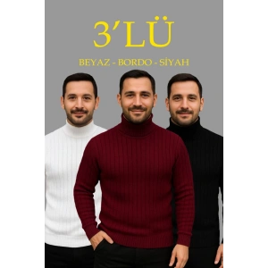 Erkek Fitilli Triko Kazak 3lÜ et Beyaz Bordo iyah Regular Balıkcı Yaka Tam Boğazlı Triko eti odeli Kazak