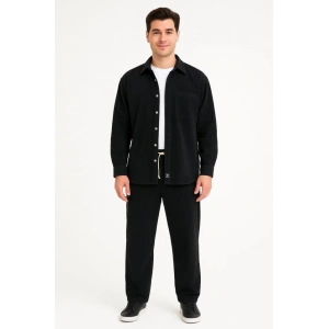 Erkek Kadife Oversize Takım – Gömlek Ve Pantolon İkili et Füme Corduroy Şıklığı, Rahat Ve Zarif Duruş Yumuşak Dokulu Kadife Kumaş, Düğmeli Gömlek Üst Ve astikli Pantolon Alt Parça Ile Gün Boyu Konfor iyah