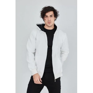 Erkek Kapüşonlu Düz Fermuarlı Hırka  Beyaz