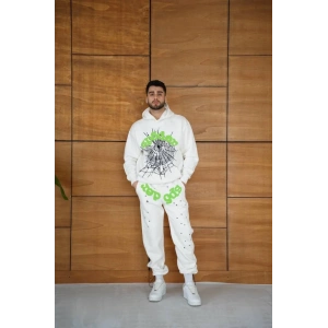 Erkek Kapüşonlu Eşofman Takım Örümcek Ağı Ve Neon Yeşil Baskılı Kanguru Cepli Oversize Rahat Kalıp, Premium Üç İplik Kumaş  Beyaz