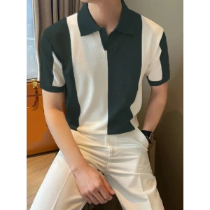 Erkek Kısa Kollu Polo Yakalı Blok Desenli Triko Tişört