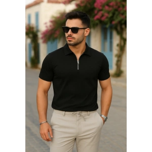 Erkek Kısa Kollu Yakalı önden Fermuarlı Viskon Iki Iplik Tişört