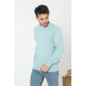 Erkek Nakış İşlemeli Peteli Triko Kazak  Mavi