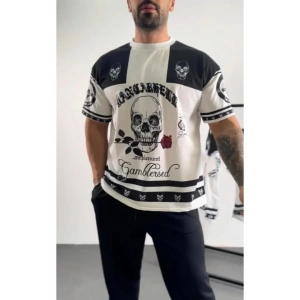 Erkek Oversize Dijital Baskılı Kuru Kafa Tshirt  Beyaz