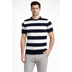Erkek Tshirt Çizgili Triko Dokuma Bisiklet Yaka Tişört   iyah