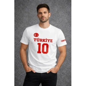 Erkek TÜRKİYE Ay Yıldız Baskılı 10 Numara Forma Tişört Taraftar Thirt  Beyaz