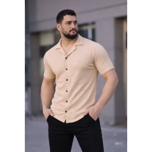 Erkek Waffle Kumaş Kısa Kollu Düğmeli Açık Yaka Regular Fit Gömlek  Bej