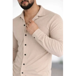 Erkek Waffle Kumaş Uzun Kollu Düğmeli Açık Yaka Regular Fit Gömlek  Bej