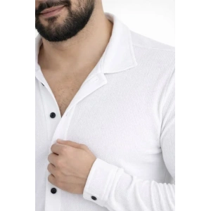 Erkek Waffle Kumaş Uzun Kollu Düğmeli Açık Yaka Regular Fit Gömlek  Beyaz