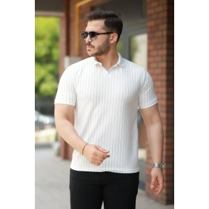 Erkek Yakalı çizgi Desenli Kısa Kollu Tişört