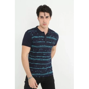 Erkek Yakalı lim Fit Pike Çizgili Thirt  acivert