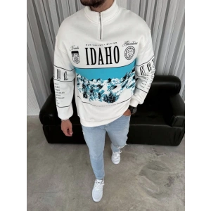 Erkek Yarım Fermuarlı Oversize Baskılı weathirt  Beyaz