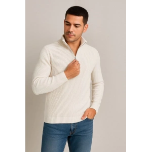 Erkek Yarım Fermuarlı Triko Kazak – elanik Örgü, Dik Yaka, Pamuklu Dokuma, Regular Fit Uzun Kollu Kışlık odel  Beyaz