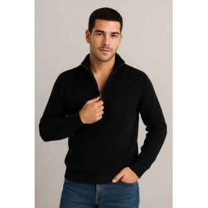 Erkek Yarım Fermuarlı Triko Kazak – elanik Örgü, Dik Yaka, Pamuklu Dokuma, Regular Fit Uzun Kollu Kışlık odel  iyah