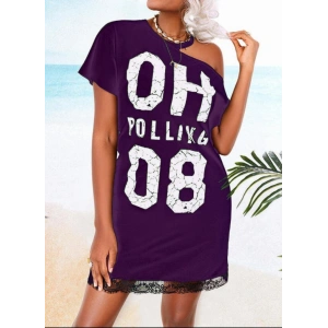 Etek Ucu Dantelli Tek Omuz Açık Yazı Baskılı Viskon Mini Elbise