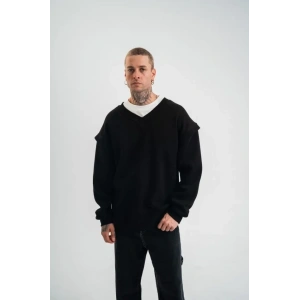 Geniş V Yaka Kol Ribana Detaylı weathirt  iyah